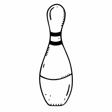 Cute bowling pin without color in cartoon doodle style with outline. Doodle vector illustration. Bowling pin isolated on white background.