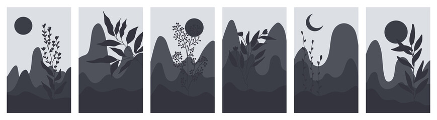Black silhouette of a landscape. Set of landscapes with trees and vegetation. Mountains with sunset and botanical illustration. Vector stock illustration. Hills, sun, moon. For social media.