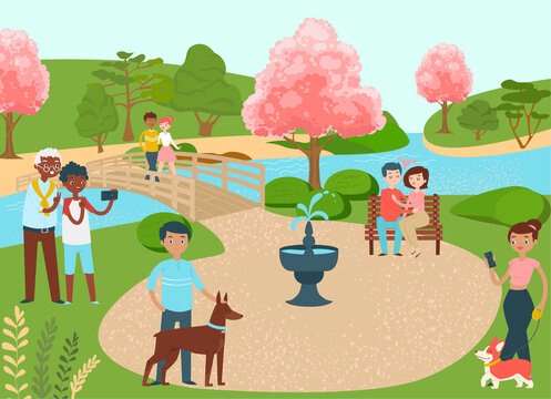 Lovely place for people, group human walk dog, cozy river character stroll outdoor garden flat vector illustration. Spring park, couple woman man rest peacefully fountain location.