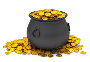St. Patrick's Day. Treasure pot full of gold coins. isolated on white background. 3d render.