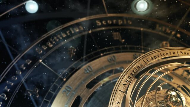 Armillary Sphere, Zodiac Astrology Signs And Planets Revolving Around Them. 4K. 3D Animation. UHD. 3840x2160.