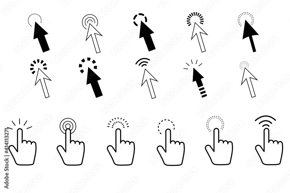 Poster arrow icons set. hand with forefinger, cursor, pointer, click button. mouse click. website and app s