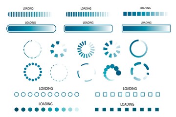 Big set of download progress icons, speed indicator showing the status of file download from the Internet. Application interface button template for games, sites. Vector illustration
