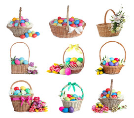 Set of wicker baskets with bright Easter eggs on white background