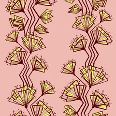 Decorative seamless pattern with linear flowers on pink background