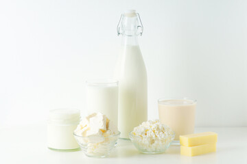 Different milk products: milk, cheese and yoghurt	