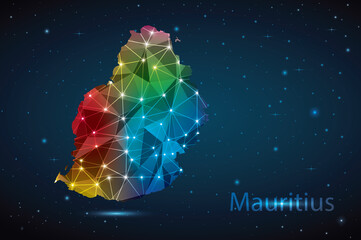 Abstract Polygon Map of Mauritius. Vector Illustration Low Poly Color Rainbow on Dark Background.