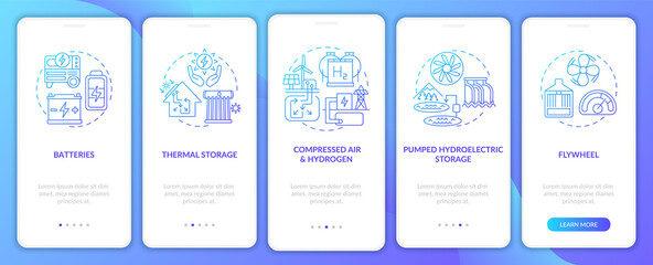Compressed air and hydro onboarding mobile app page screen with concepts. Hydroelectric storage walkthrough 5 steps graphic instructions. UI vector template with RGB color illustrations