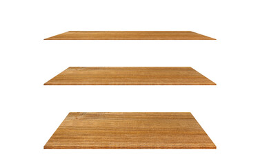 Collection of wooden shelves on an isolated white background, There are clipping paths for the designs and decoration.Used for display or montage your products.