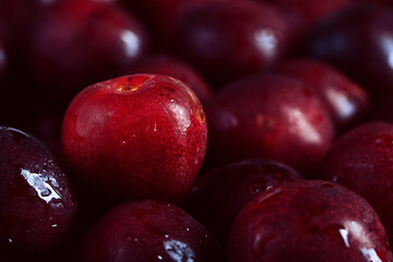 big black berry macro photo against many blurred sweet cherries background