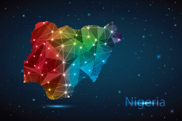 Abstract Polygon Map of Nigeria. Vector Illustration Low Poly Color Rainbow on Dark Background.