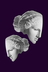 Collage with plaster antique sculpture of human face in a pop art style. Modern creative concept image with ancient statue head. Zine culture. Contemporary art poster. Funky minimalism. Retro design.
