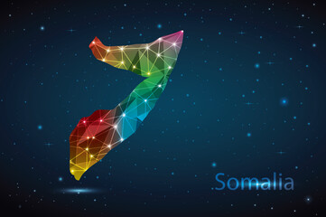 Abstract Polygon Map of Somalia. Vector Illustration Low Poly Color Rainbow on Dark Background.
