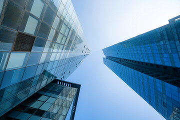 Fototapeta na wymiar Looking Up Blue Modern Office Building