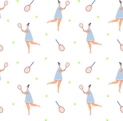 Vector seamless pattern with cute women playing tennis. Sport wallpaper. Active girls with rockets in hands and balls.