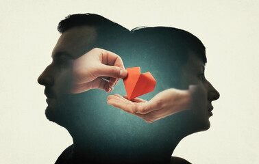 Multi exposure image with man and woman silhouette and their hands with red paper heart.