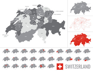 Detailed vector map of Switzerland regions with flag on white background
