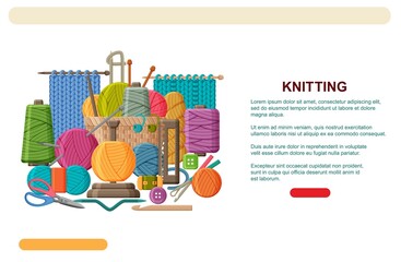 Yarn and knitting tools, needles, hook and scissors. Knitting, crochet web banner template or landing page. Vector illustration