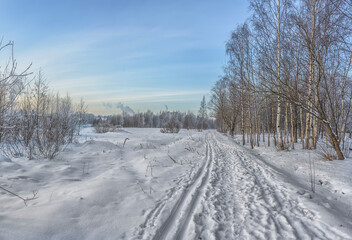 Winter landscape with frost and snow.