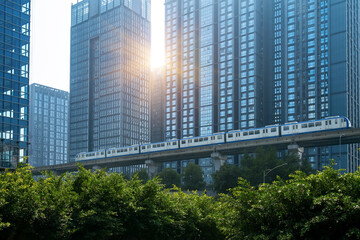 Obraz na płótnie Canvas Light rail runs on bridges at high speed in Chongqing, China