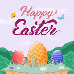 Happy Easter. Colorful vector Easter eggs. Painted eggs with violet and beige flowers in grass. Spring. Butterflies. Flat illustration poster with background greetings. 