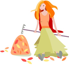 Young woman rakes yellow autumn leaves. Isolated person on white background