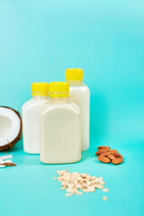 Various vegan plant based milk and ingredients, non-dairy milk