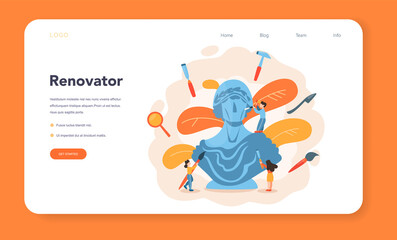 Restorer web banner or landing page. Artist restores an ancient