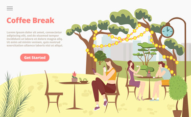 Coffee break morning breakfast concept landing page, character female drink tea rest luncheon meeting group people, cartoon vector illustration. Website online business banner, internet page home.