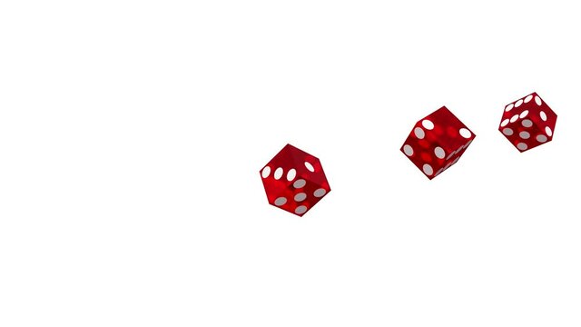 Abstract animation of five rolling gaming red gloss plastic casino dice in super slow motion isolated on а white background with luma matte - Powered by Adobe