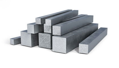 Metal square profile in different scales, 3d illustration