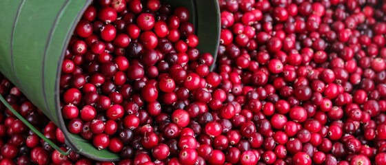 Ripe fresh cranberries with a green little bucket as natural, food, berries background. Selective focus.	Banner.