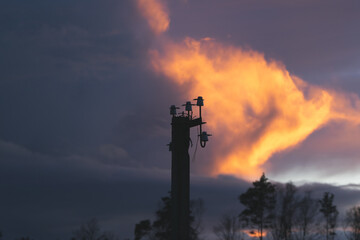 Golden hour with fire clouds. Beautiful sunset with trees. Electric pole with cut down wires.