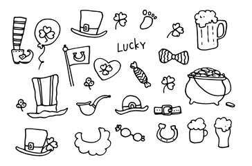 vector set of doodles for St. Patrick's Day on March 17. isolated elements of the Irish leprechaun festival legs beer shamrock hat pot of gold pipe hand drawn black outline on white background