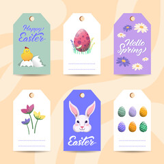Set of colourful vector Easter gift tags. Labels collection with bunny, chicken, painted eggs, flowers and handwritten lettering. Design elements. Cute cartoon decor for the present. 