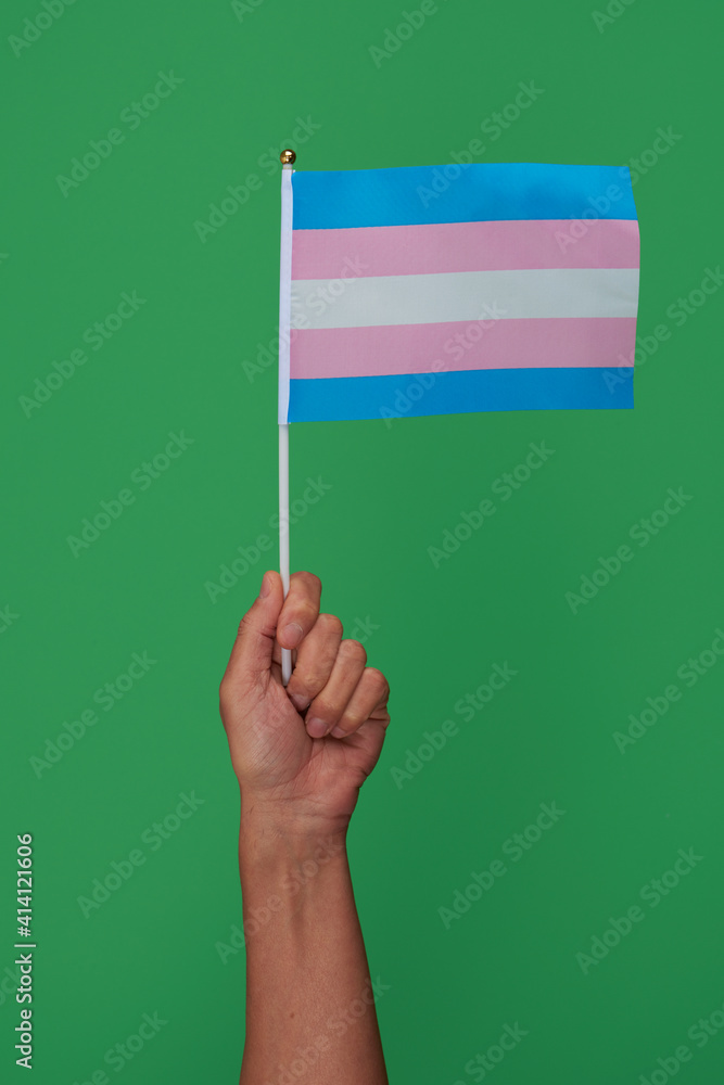 Poster person with a transgender pride flag in the hand