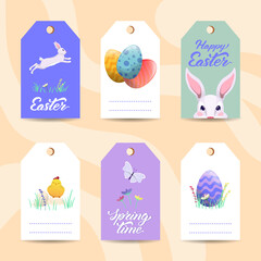 Set of colourful vector Easter gift tags. Labels collection with bunnies, chicken, butterflies, painted eggs, flowers and handwritten lettering. Design elements. Cute cartoon decor for the present. 