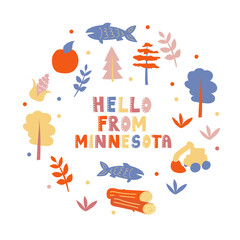 USA collection. Hello from Minnesota theme. State Symbols round shape card