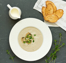 mushroom cream soup from champignons. Selective focus