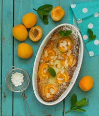 Clafouti dessert with apricots. Selective focus