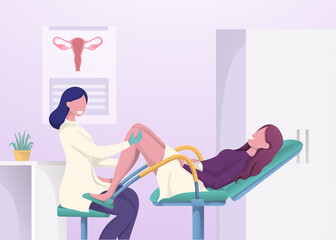 Gynecologist. Woman visiting doctor. Having hospital appointment. Gynecological examination to detect cervical cancer and other diseases. Women's health care. Flat. Cartoon. Vector illustration.