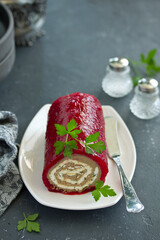 chicken liver pate with berry jelly. Selective focus.
