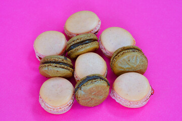 Homemade pink raspberry and chocolate macaron cookies