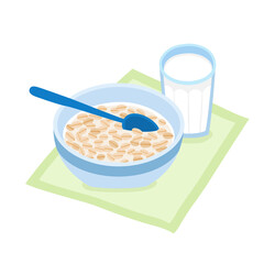 Cartoon breakfast bowl with cereal and milk isolated on white.