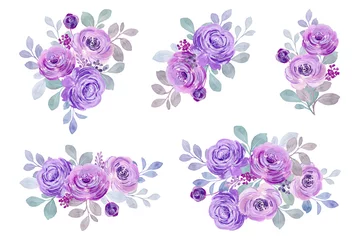 Papier Peint photo Des fleurs Collection de bouquets de roses violettes aquarelles