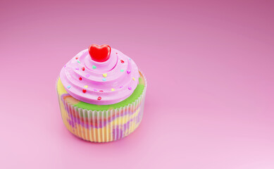 Beautiful colorful cupcakes with a red heart-shaped topping on a pink background. 3D rendering,