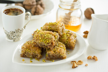baklava is an oriental sweetness. Selective focus.