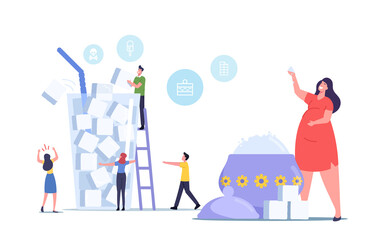 Sugar Consumption Concept. Tiny Male and Female Characters at Huge Glass of Cane Sugar. People Addict of Sweet Junk Food