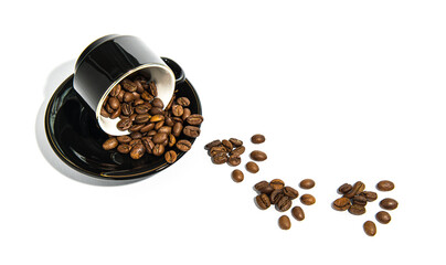 Coffee beans, a coffee cup.