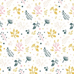 bright seamless pattern with hand-drawn twigs, leaves and berries on white
